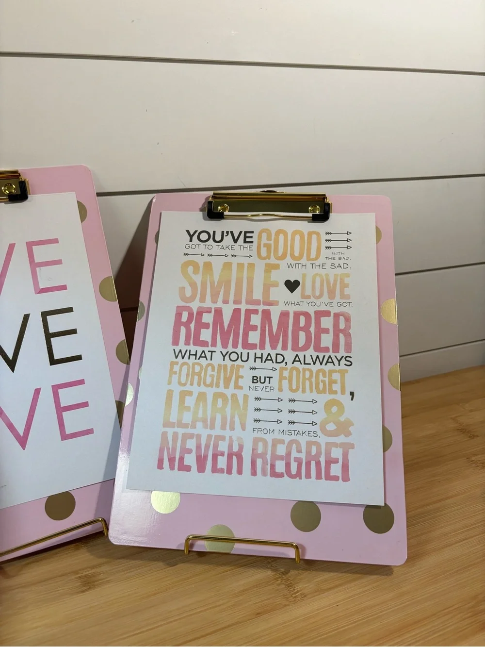 Trio of Pink & Gold Polka Dot Clipboards with Removable Inspirational Qoutes